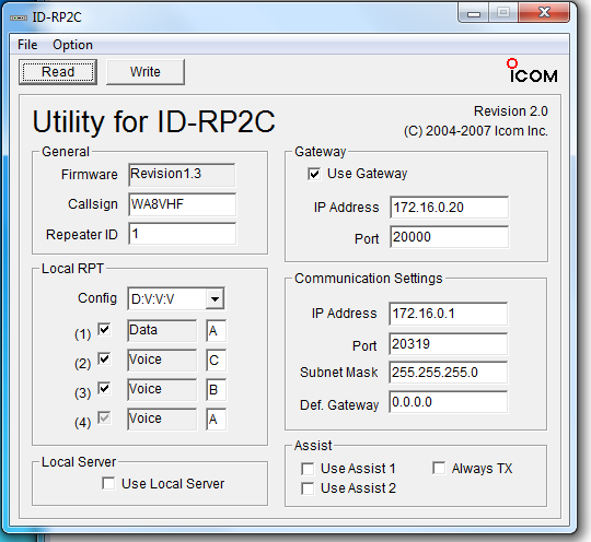 The Icom 'Utility for ID-RP2C' (Revision 2.0) window connected to the controller. Firmware 1.3, callsign field populated, Repeater ID 1, Local RPT config D:V:V:V with four modules (Data A, Voice C, Voice B, Voice A), Use Gateway checked at 172.16.0.20 port 20000, Communication Settings IP 172.16.0.1 port 20319 with mask 255.255.255.0.